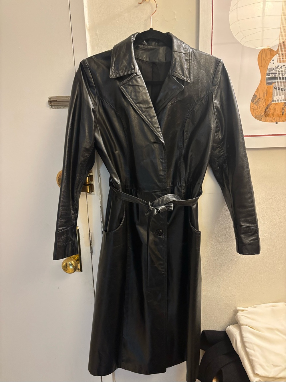100% Leather Black Trench Coat with Belt